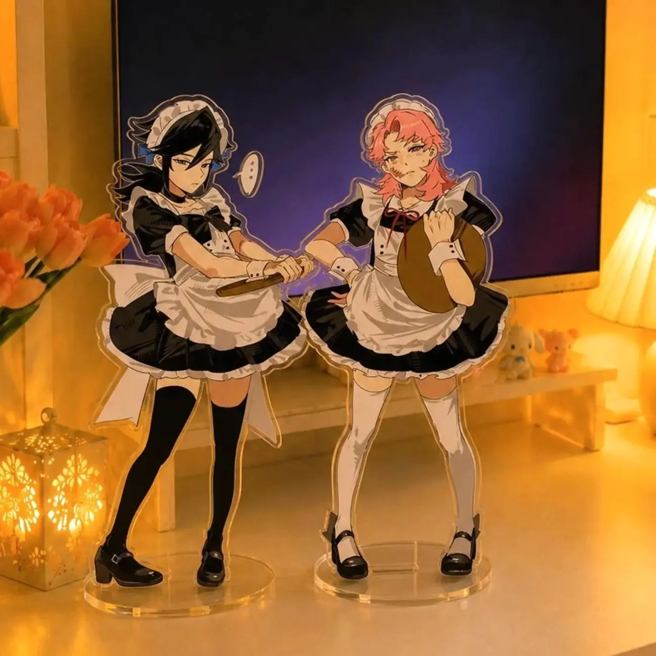 2 ops Anime Maid Duo Acrylic Standee, Funny Black Pink Character Desk Display