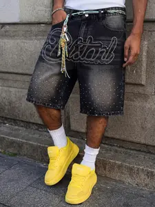 Men's black-gray letter rhinestone-embossed non-stretch loose, casual, fashionable street Streetwear denim shorts, summer style