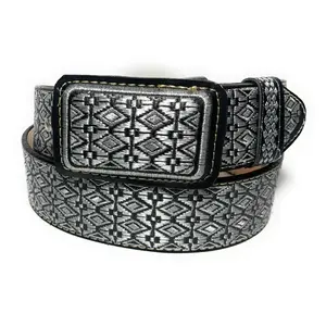 CINTO CHARRO BORDADO HILO PLATEADO. MENS WESTERN BELT. VAQUERO LEATHER BELT