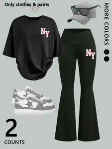 Two-piece matching set for women/teenage girls: pink NY Graphic print short-sleeved T-shirt and slim-fit flared pants for spring/summer.For everyday casual, sports, outdoor activities, back-to-school season