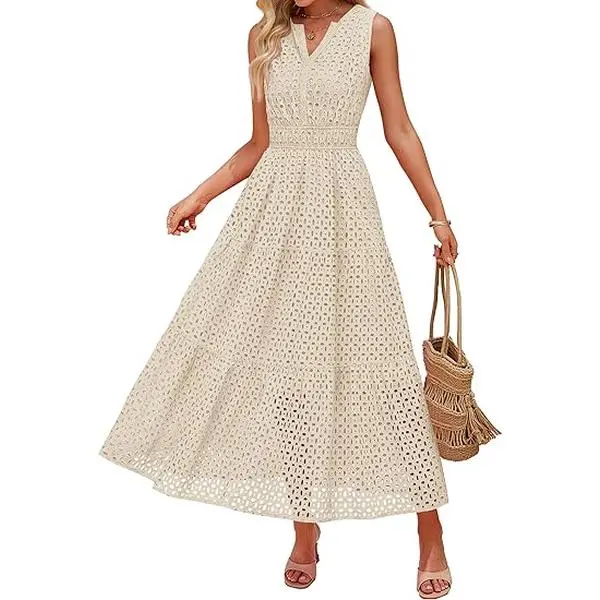 ZESICA Women's 2026 Summer Sleeveless V-Neck Hollow-Out Eyelet A-Line Flowy Casual Party Maxi Dress ZESICA Women's 2026 Summer Sleeveless V-Neck Hollow-Out Eyelet A-Line Flowy Casual Party Maxi Dress