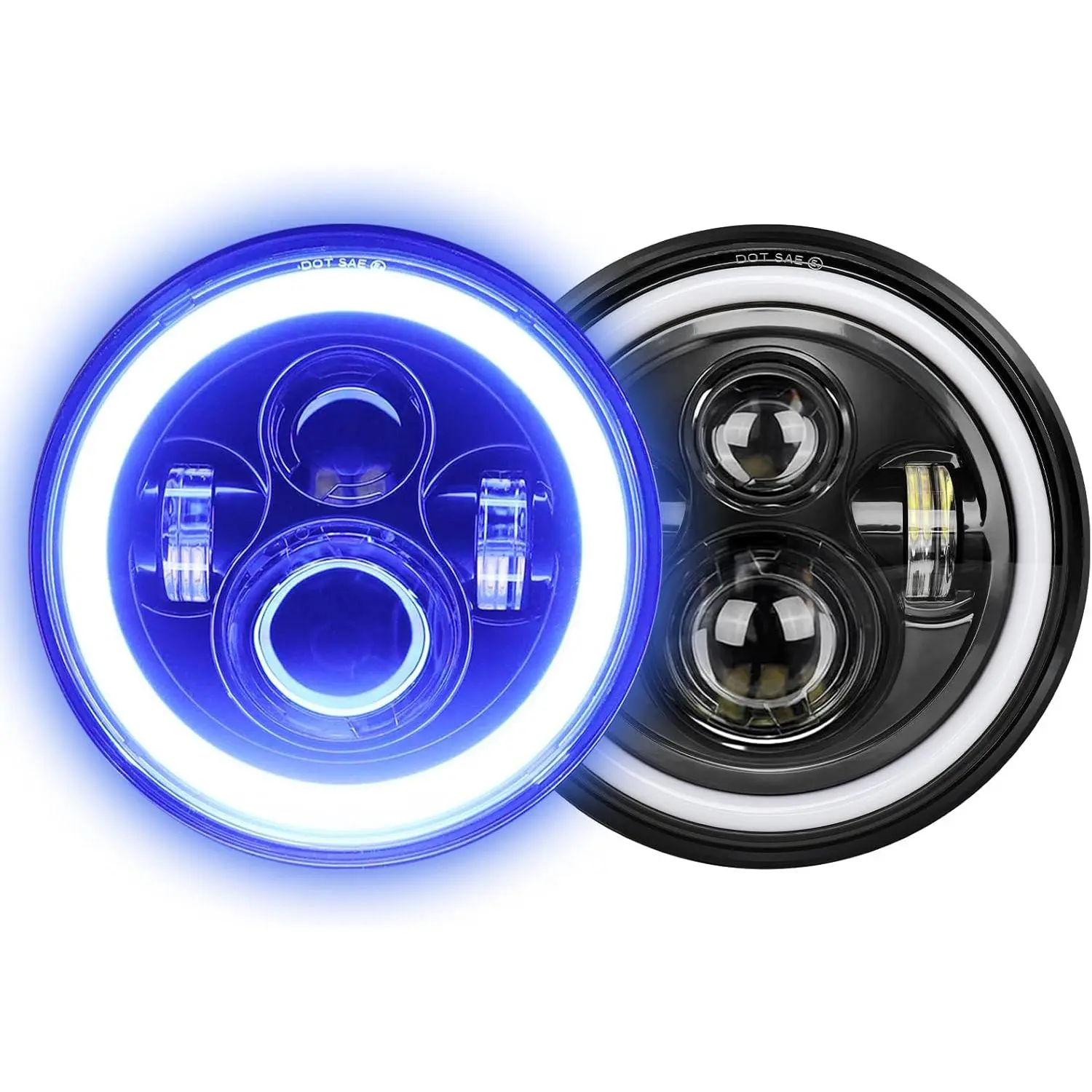 7inch LED headlight, round H6024 LED headlight, blue halo headlight, with amber turn signal, sealed beam, 7inch round headlight, compatible with Jeep Wrangler JK TJ CJ, compatible with Miata and Chevy