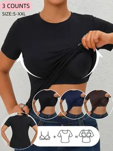 Spring&Summer Women's Built in Bra Short Sleeve T-Shirt, Round Neck Tanks Top, Comfortable Fitted Basic Base Layer, Soft Elastic Fabric, Perfect for Daily Wear