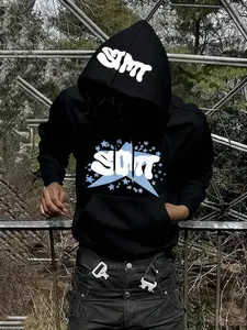 Men's Streetwear Graffiti Graphic Hoodie, Letter & Star Print Design, Casual Fitted Sweatshirt, Graphic Sweatshirts, Fall&winter Fashion, Easy Street Focus