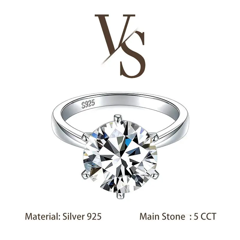[Venus Jewelry] Synthetic Moissanite 5 CCT Cushion Solitare Design VVS 1 D Color Solid Silver 925 Solitare Ring