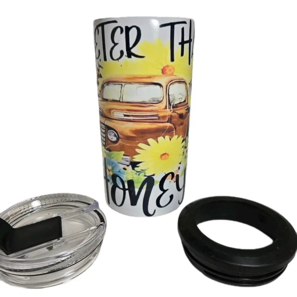 Sweeter Than Honey Four in One Can Cooler with Vintage Truck Design and Sunflower Accents for Easy Carry