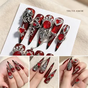 10PCS TRUTH AMOR Gothic Press On Nails, Long Stiletto Fake Nails, Red Black Ombre, 3D Red Gem Cross Chain Design, Elegant Rhinestone Decorated, Reusable False Nails, for Halloween Party, Goth Nail Art, Acrylic Press On Nails, Vampire Style Nails