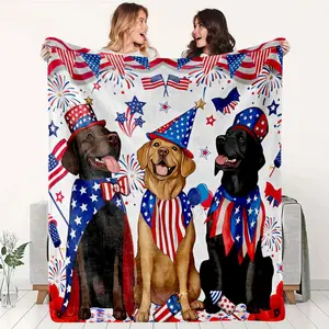 270G Flannel Blanket American Independence Day Theme Three Labrador Retrievers Print Soft and Comfortable Bedroom Living Room Sofa Decorative Blanket All Season Universal Holiday Gift Home Supplies