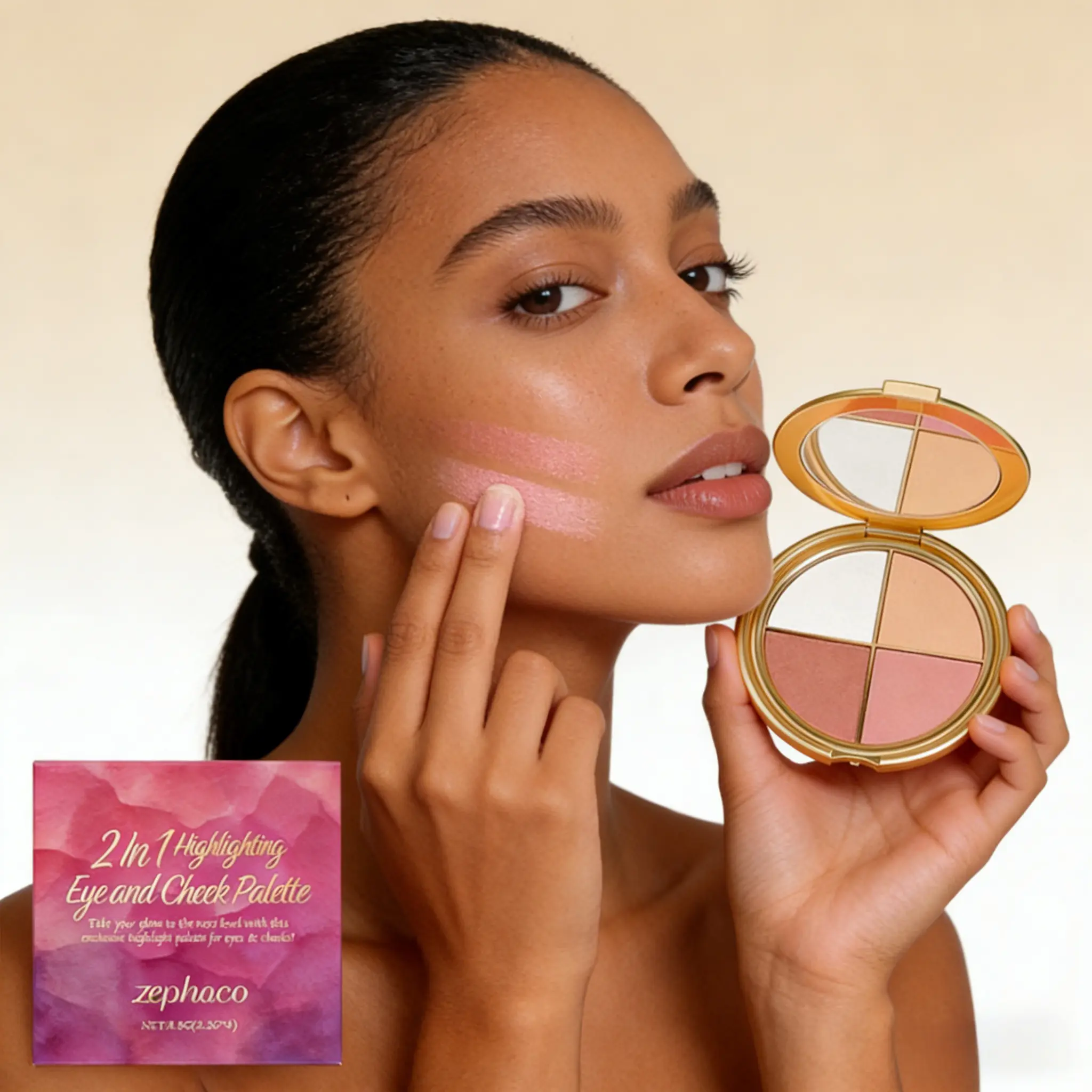 4-in-1 Live Cosmetic Facial Powder Palette - Brush-Inclusive, 4 Shades, Flawless Brightening Highlighter, Blush, Eyeshadow, Ultra-Pigmented Blendable Formula - For Makeup Beginners, On-The-Go Use