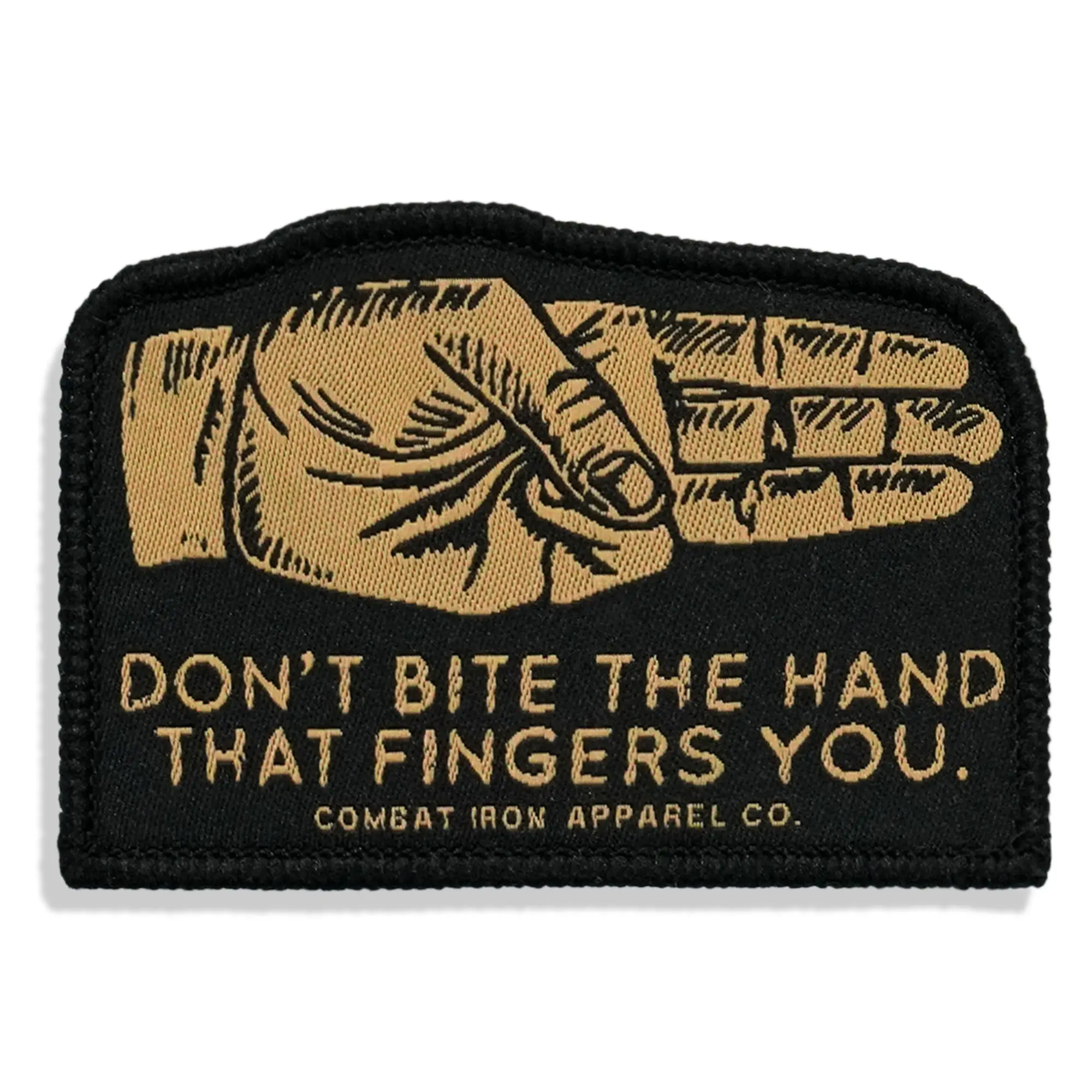 Combat Iron Apparel Co. Embroidered Soft Velcro Motto Patch - "Don't Bite The Hand That Fingers You" - 3" Wide, 2.25" Tall, Live By Statement for Automotive & Motorcycle Interior Decoration, Embroidery