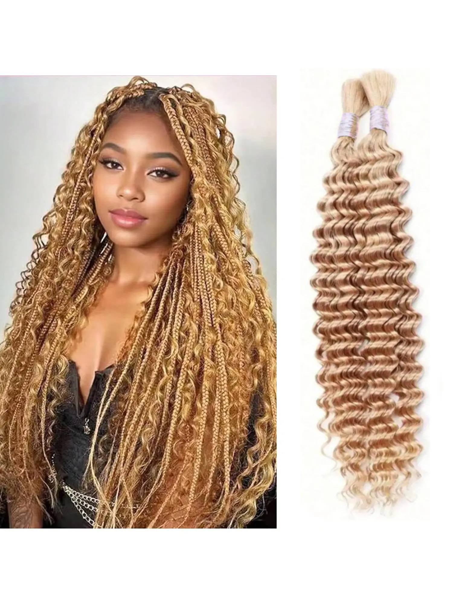 Boho Braids Human Braiding Hair Wet And Wavy Human Hair For Braiding 100g No Weft Deep Wave Hair Bulk Pack Colored #27 Human Braiding Hair For Micro Braids 2 Bundles Curly Human Hair Boho Curly Ends Real Hair Extensions
