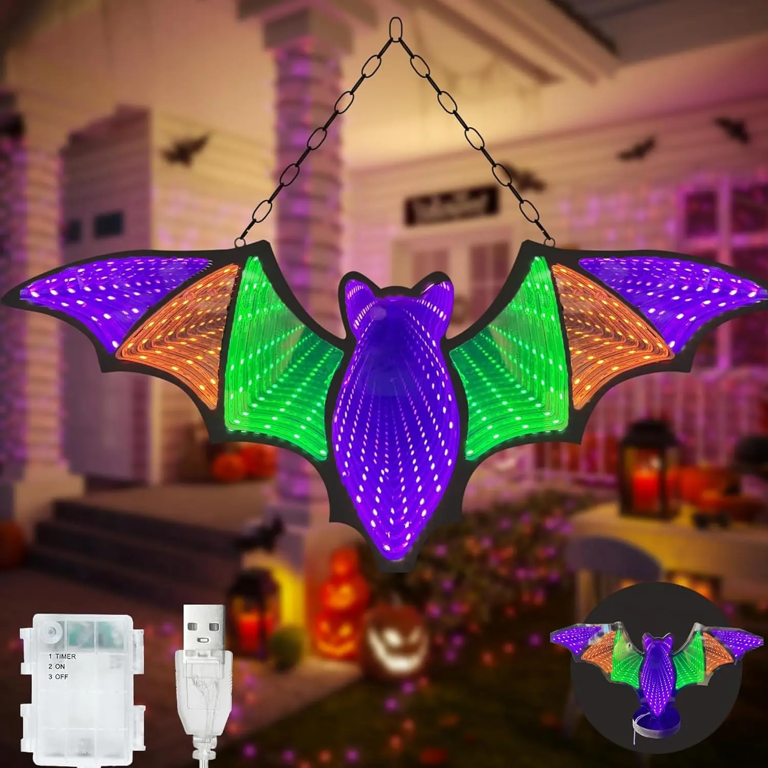 Bat Infinity Mirror Light, Bat Light Halloween Decoration with Stand and Metal Chain,Bat LED Wall Sign for Halloween,Reflective Mirror Effect,Indoor Seasonal Decor for Tables or Windows