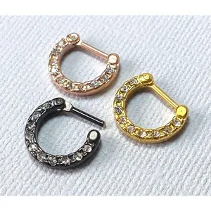 1pc 100% SURGICAL STEEL Crystal Gemmed Septum Clicker Nose Ring 16g 14g
