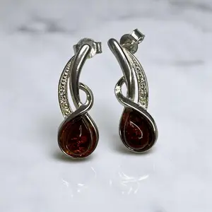 Sterling Silver 925 Cognac Baltic Amber Earrings With Cubic Zirconia Accents