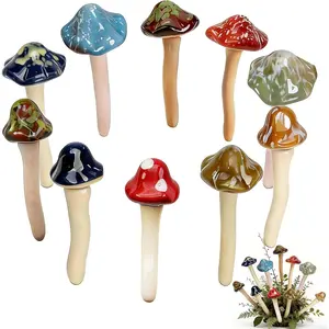 10 Pack Ceramic Garden Mushrooms, Garden Decor,Lawn Ornament Decor Mushrooms for Fairy Garden, Patio, Indoor Plant Pots, 4.7" Tall Pottery Mushroom Statues
