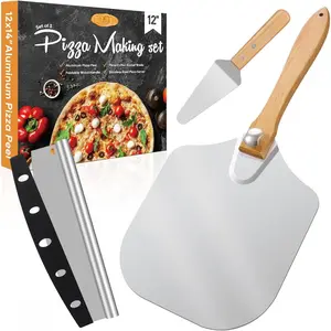 Pizza Peel  Pizza Spatula Set, 12 x 14 Inch Metal Pizza Paddle with Foldable Wooden Handle, Pizza Rocker , Pizza Server, Pizza Oven Accessories for Baking Homemade Pizza Bread