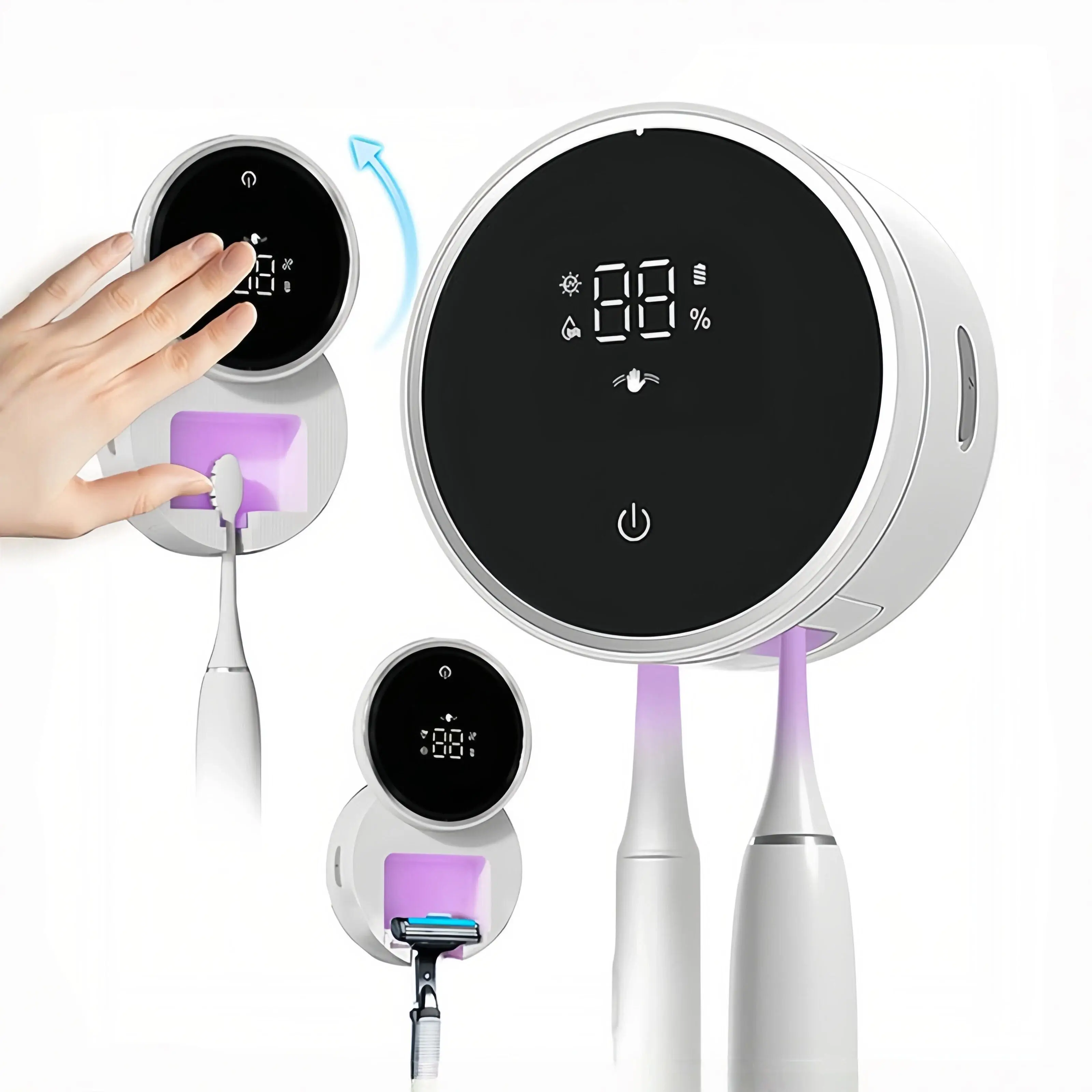Wall-Mounted Toothbrush Cleaner with UV-C Cleaning, Constant Temperature Drying, LED Smart Screen, Auto Sensor Open/Close Cover, USB Rechargeable, for Electric Toothbrushes and Razors, Home and Travel Use White