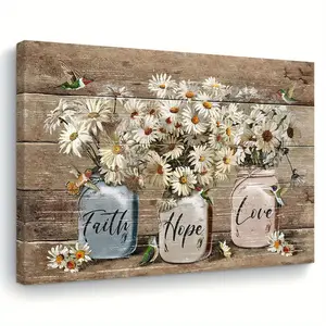 Faith, Hope, Love: Wooden Frame Canvas Artwork with Daisy and Hummingbird, Suitable for Home, Office or Holiday Gifts