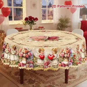 1pc, Valentine's Day Mother's Day Themed Party Tablecloth, Spring Summer Vintage Cupid Love Heart Rose Floral Printed Design, Rectangular/Round/Oval Table Cloth, Embossed Edges, Suitable For Picnic Dinner Kitchen Dining Room Decoration