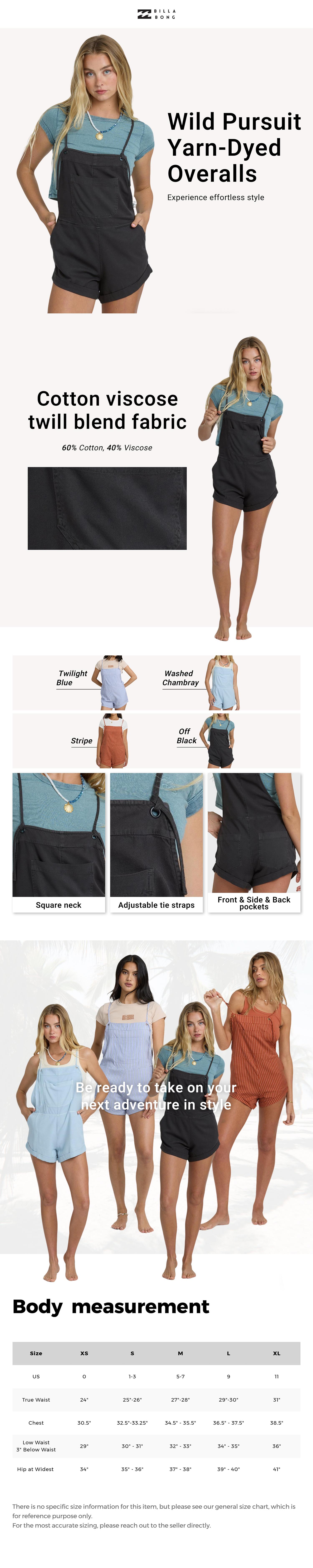 Billabong Women's Wild Pursuit Yarn-Dyed Overalls, Square Neck, Adjustable Tie Straps, Regular Fit