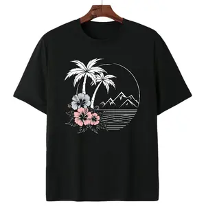 Vintage Tropical Palm Tree Hibiscus Flower Mountain Ocean Graphic T-Shirt Women Summer Casual Beach Short Sleeve Tee