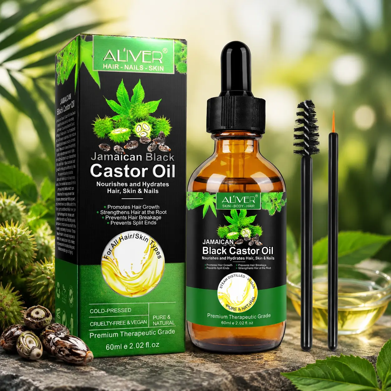ALIVER Jamaican Black Castor Oil 2.02 fl oz Skincare Massage Oil Complete Pack Kit, Unrefined Cold Pressed Castor Oil Set for Hair, Lashes, Brows & Body Massage