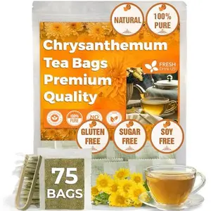 FreshDrinkUS Premium 75 Chrysanthemum Flower Tea Bags, 100% Natural and Pure, Eco-conscious Tea Bags. Herbal Tea. No Sugar, No Caffeine, No Gluten, Vegan