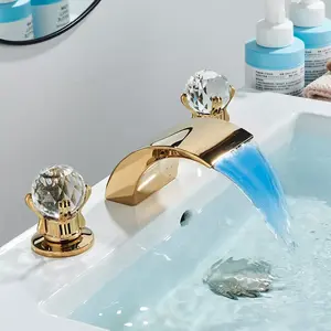 LED Bathroom Faucet Waterfall Faucet for Bathroom Sink 3 Hole Widespread Modern Vanity Tap Mixer with 2 Crystal Handle, Gold