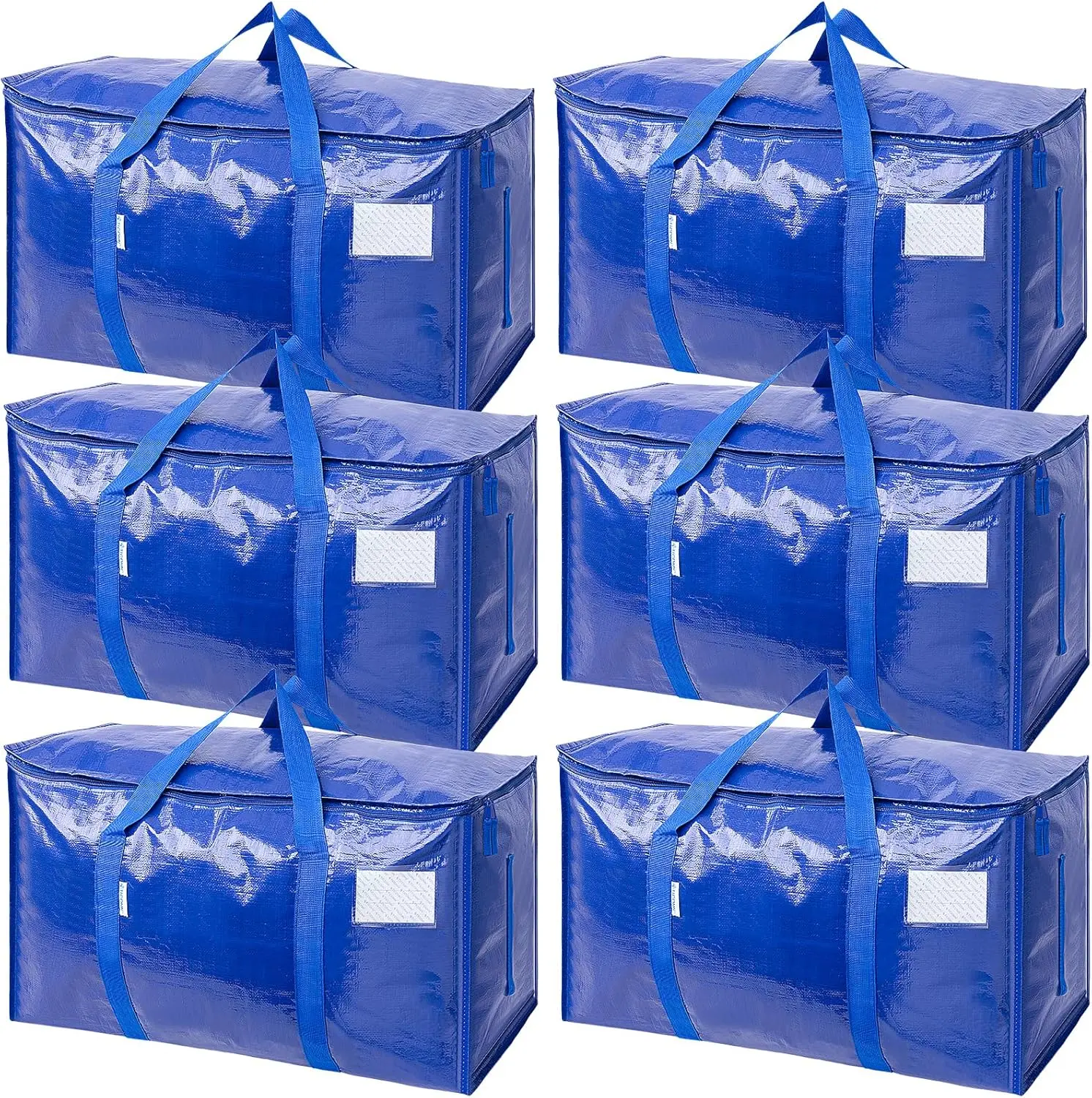 Extra Large Heavy Duty Polyethylene Waterproof Fabric Storage Bags - Shelf-Compatible 2/4/6-Pack Sets, Zippers, Reinforced Handles, Tag Pocket, Wide Closet Organizer Totes for Comforters, Holiday Storage, Blue (Student-Friendly)
