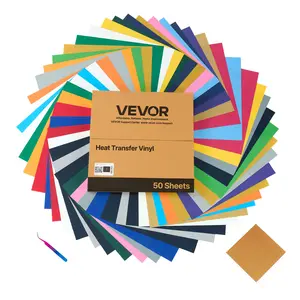 VEVOR Heat Transfer Vinyl, 50 Pack, 12 x 12 in, Assorted Colors HTV Iron on Vinyl Bundle, Easy to Cut and Weed, with Accessories, Compatible with Cutting Machines, for Various Materials, T-shirts