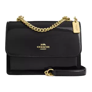 COACH Klare 18 Logo-Embossed Flap Crossbody Bag for Women – Patent and Smooth Leather, Small Size, Black