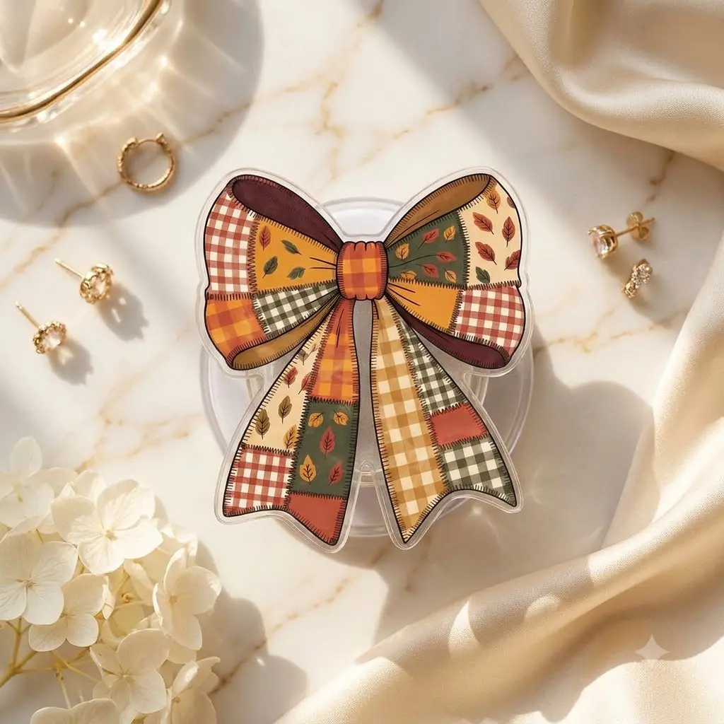 Patchwork Fall Bow Magnetic Phone Grip, Autumn Plaid Ribbon Mobile Stand, Cozy Cottagecore Phone Holder, Fall Accessories Halloween Gift For Her