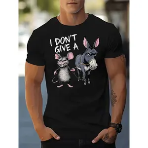 Classic Men's Fashion Casual Trendy Adult Graphic T Shirt with I Dont Give A Phrase Smiling Mouse Holding Leash Leading Grumpy Donkey Animal Print Summer Street Style Outfit for Adults Men