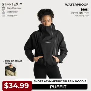 PUFFIT STM-TEX Short Rain Hoodie With Asymmetric Zip and Adjustable Hem,Chest Pocket Design,Spring Hooded Jacket,Waterproof Jacket,Women Jacket,Spring Jacket,Windbreaker,Dog Walking,School Running,Football Mum