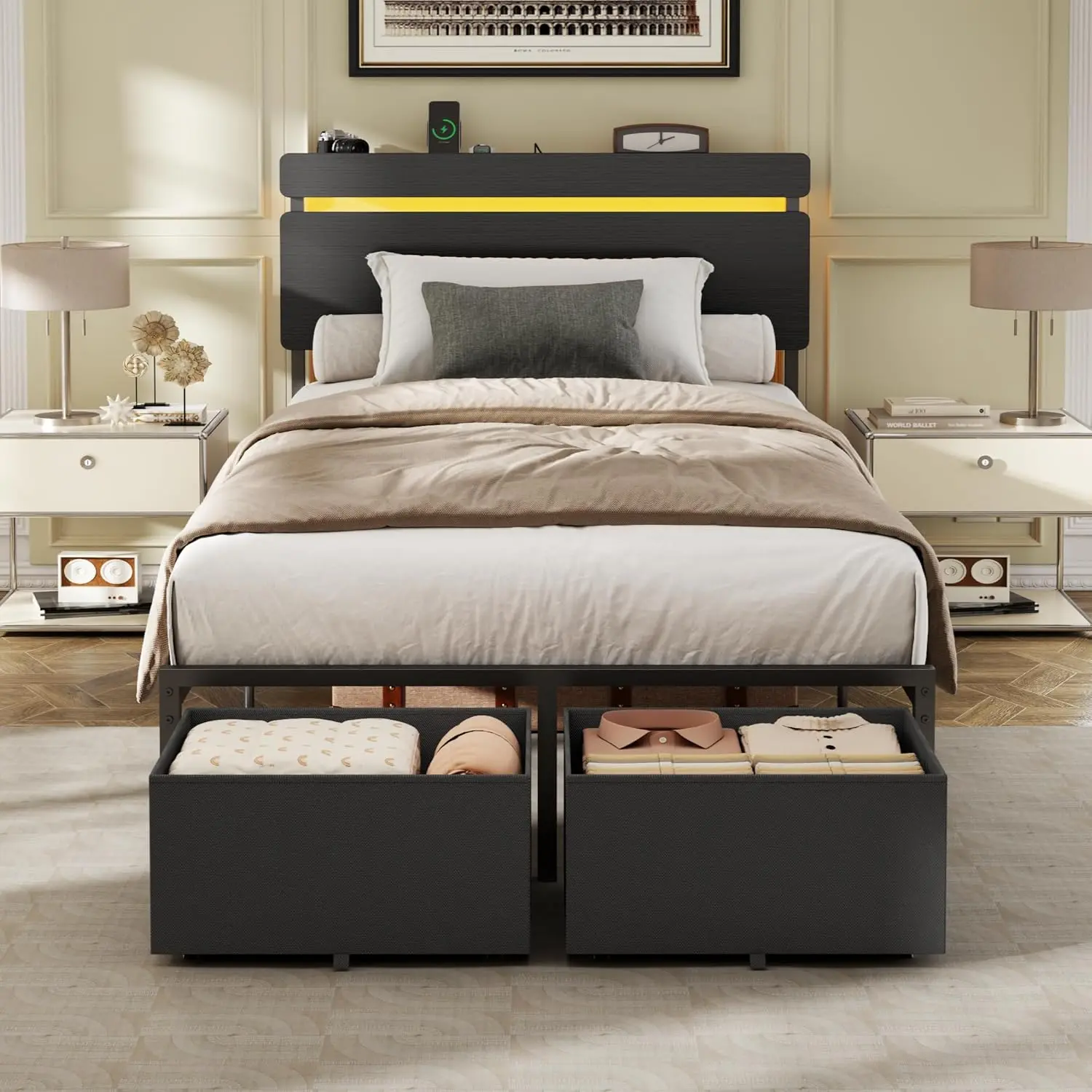 Twin Size Metal Bed Frame with Black Support, Wood Headboard, 2 Storage Drawers, Shelf, Built-in USB Port Hub, RGB-Lit Design, Foldable, Easy Setup, No Box Spring Needed, Bed Frame Storage Solutions, Rgb-Lit Bed Frames