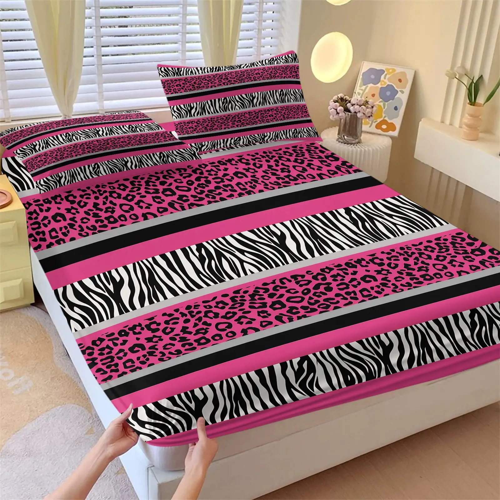 3Pcs Leopard & Zebra Print Fitted Sheet Set, Bold Animal Stripe Bed Sheet Set, Glam Y2K Style Bedding Set with Pillowcases No Fillers, Deep Pocket Bedding for Teen Girls Bedroom Decor, Bedsheet Set, Bed Sheets Set