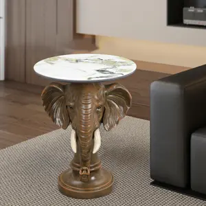 Antique Bronze Elephant Head Side Table with Marble Texture Top Exotic African Style Pedestal End Table for Living Room & Office Majestic Design Faux Marble Surface Stable & Sturdy
