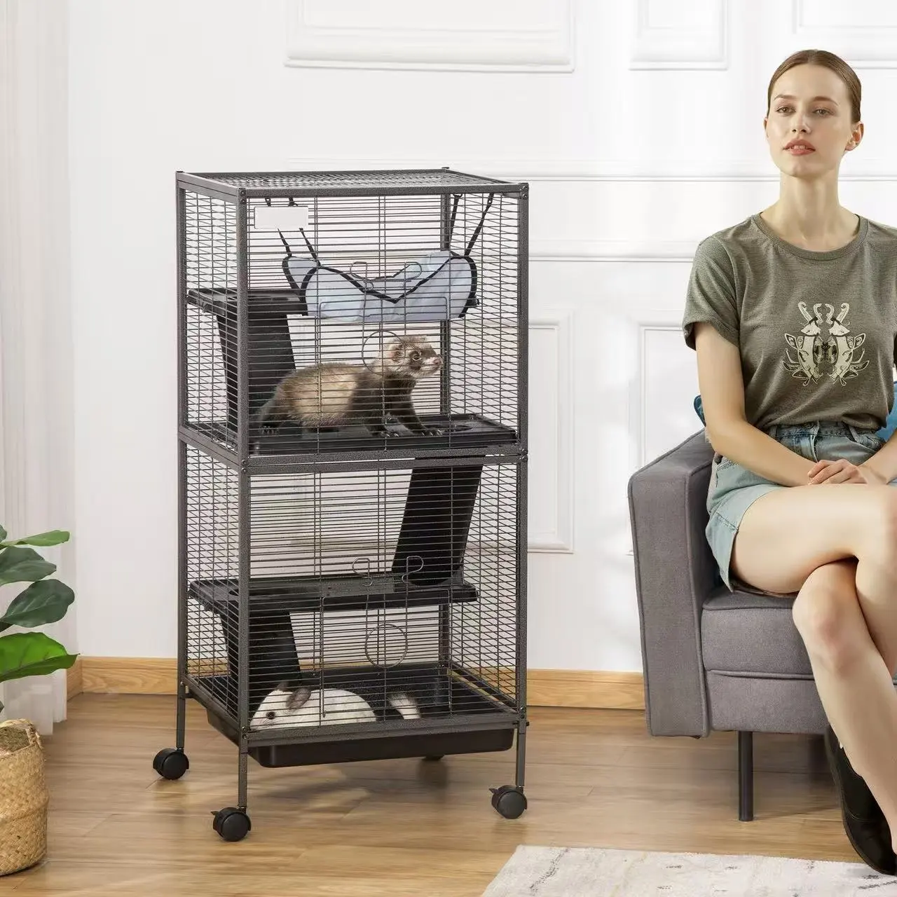 45" H Rolling Small Animal Cage with Hammock, Ferret Cage, Chinchilla Cage, Pet Habitat with 6 Doors, Removable Tray