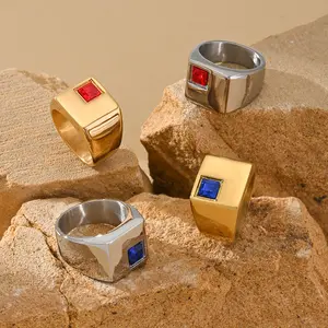Geometric Inlaid Synthetic Zircon Square Stainless Steel Ring for Business Style - High-End Men's Daily Casual and Banquet Accessories