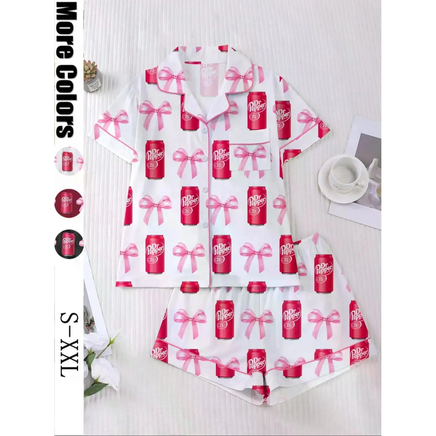 Women's 2-Piece Soda Print Sleepwear Set with Lapel Top & Wide Leg Shorts - Soft Fabric, Elegant & Comfortable Pajamas