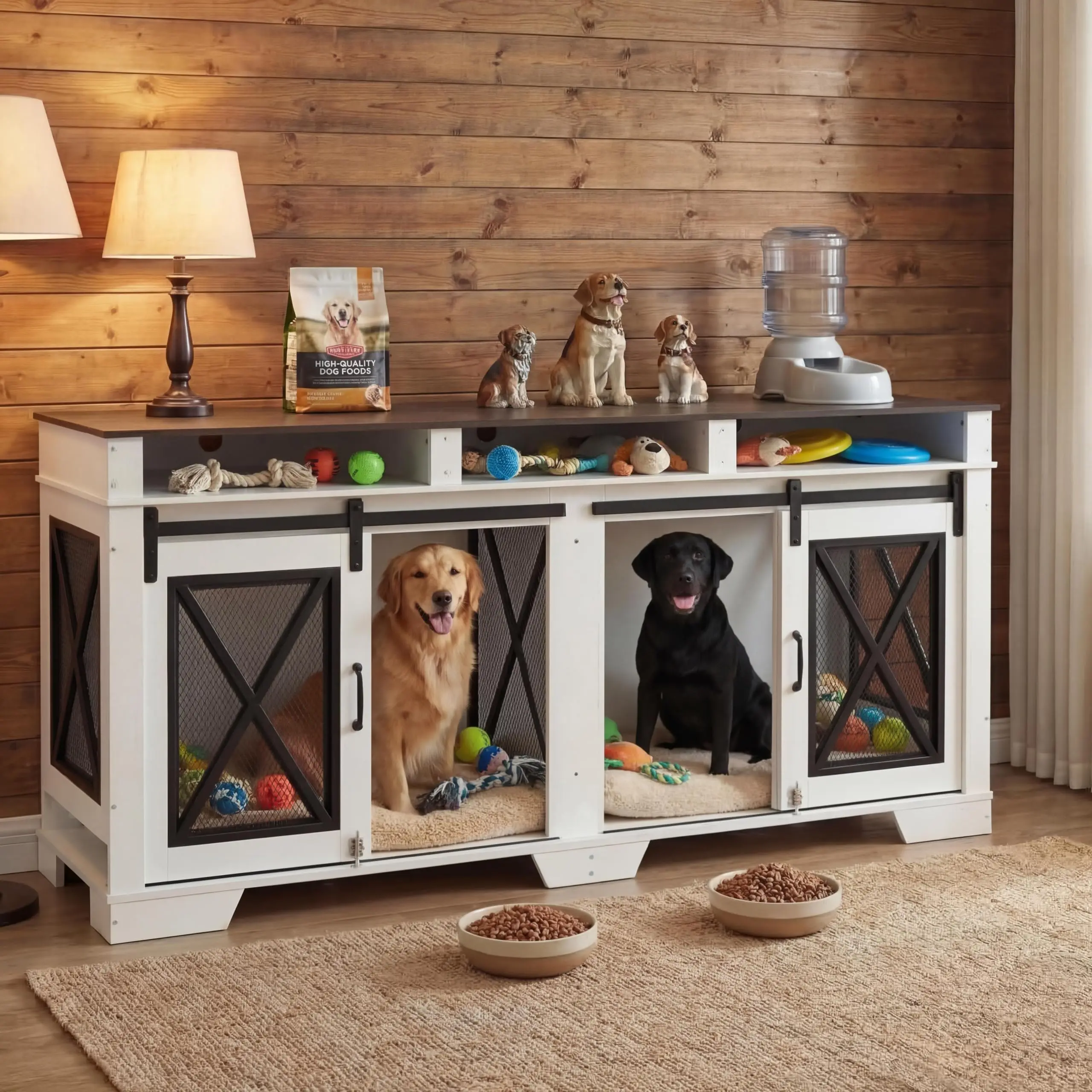 71" Double Dog Crate Furniture for Indoor Use, Extra Large Kennel with Removable Divider & 3 Storage Drawers, Sliding Barn Door Dog Cage TV Stand for Large Dogs