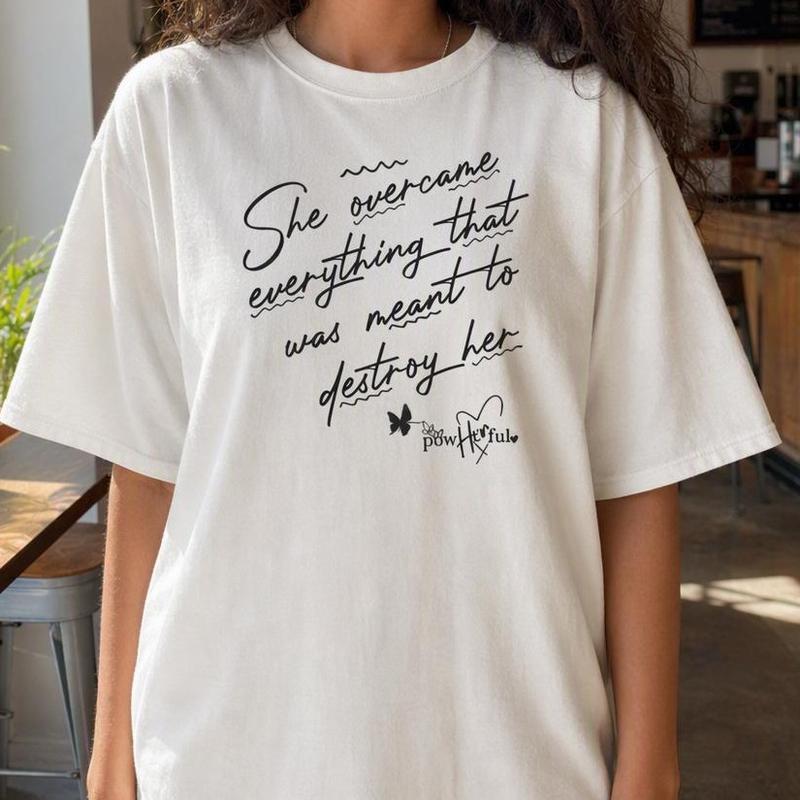 Lady's 100% Cotton Casual Short Sleeve Crew Neck Tshirt - Loose-Fit Drop Shoulder Motivational Tee with "She Overcame Everything" Graphic Print & Butterfly Design