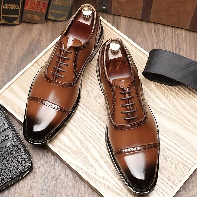 Men's Brown Lace-Up Leather Formal Oxford Shoes - Split Cow Leather & Microfiber Upper, Solid Color Cap Toe, Comfy Non-Slip Rubber Sole, Durable Laces Footwear, Father's Day Gift, Fathersdaygift, Laces Formal Shoes