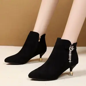 Women's Sparkling Rhinestone Tassel -Like Ankle Boots - Pointed Toe Zip-Up Dress Booties with Kitten Heel, Low Block Heel (No Lifting) & Golden-Tone Chain-Like Strap for Party, Wedding, Daily Wear - Hand Washable (Black)