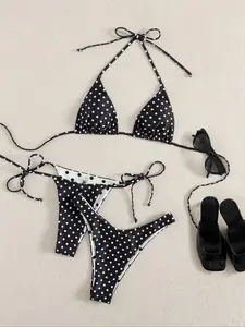 Women's Sexy Striped Bikini Set, Swimsuit Bikini, Summer New Sleeveless Tie-Back Design, Wireless Triangle Top & Shorts, All Seasons Swimwear