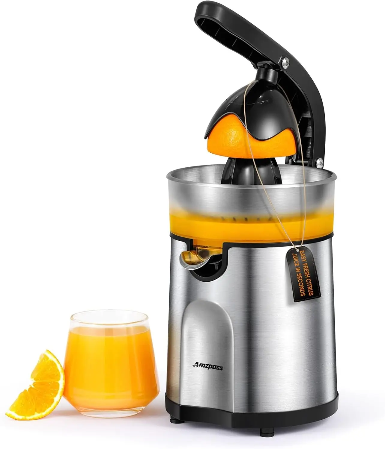 160W Electric Orange Citrus Juicer Squeezer with 2 Interchangeable Cones, Stainless Steel Body & Transparent Juice Collector for Lemon Lime Grapefruit
