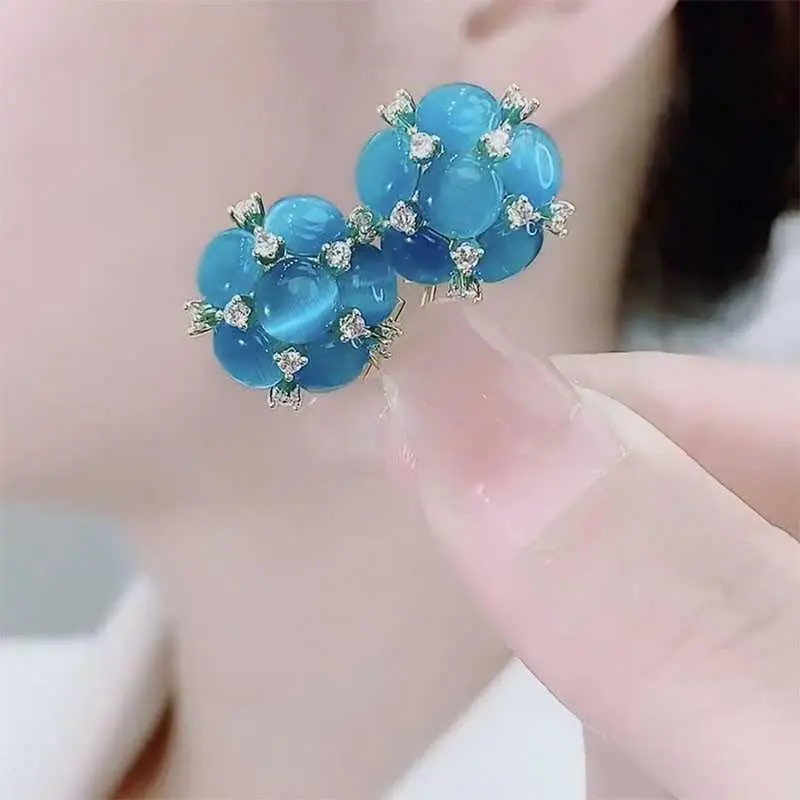 Women's Japanese-Korean Floral Motif Rhinestone Drop Earrings - Long Cat's Eye Stone Elegant Versatile Costume Jewelry, HNAN54
