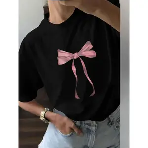 Women's Bow Print Round Neck Tee, Casual Short Sleeve Crew Neck T-shirt for Summer, Fashion Women's Top for Daily Wear