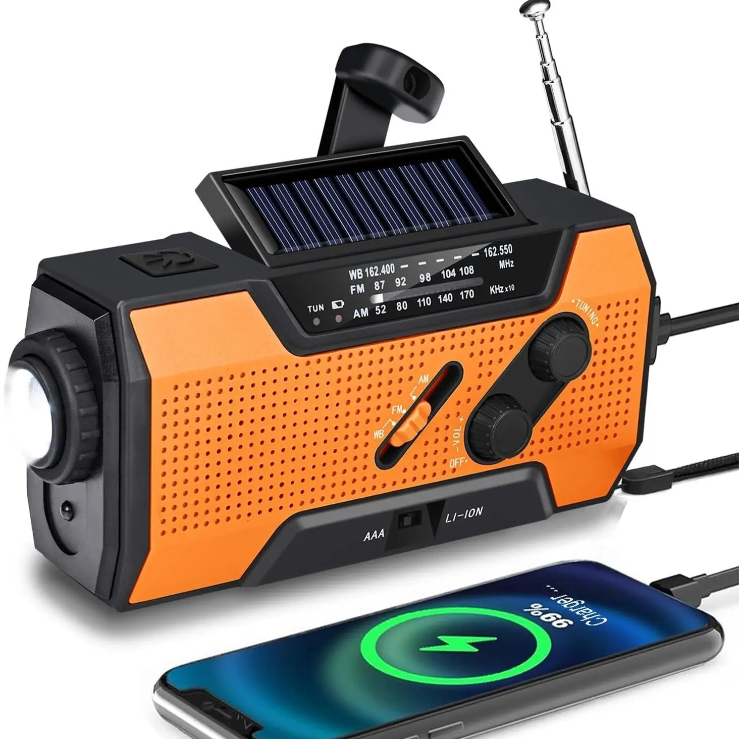 Portable Solar Powered Radio, Multifunctional Radio, Portable Survival Radio, USB Rechargeable Emergency Weather Radio with Power Bank Function, Radio with SOS Alarm & Flashlight for Indoor/Outdoor Emergencies