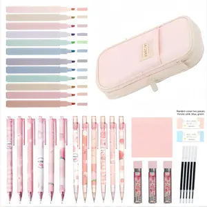 45/36Pcs Cute School Supplies with Cute Pen Case, 12 Pastel Highlighters, 6 Black Ink Gel Pens, 6 0.5mm Kawaii Mechanical Pencils Set for Students Stationary College Essentials.Christmas gift.